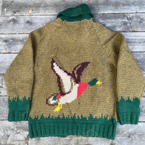 Vintage 1958 Green Goose Cowichan Handmade Woven Wool Jacket Canvas Large Canada - Picture 3 of 16